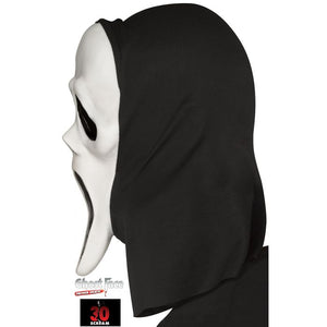 A black hooded Ghost Face mask costume shown in profile on a white background, with a Ghost Face logo and a '30 SCREAM' badge near the bottom.