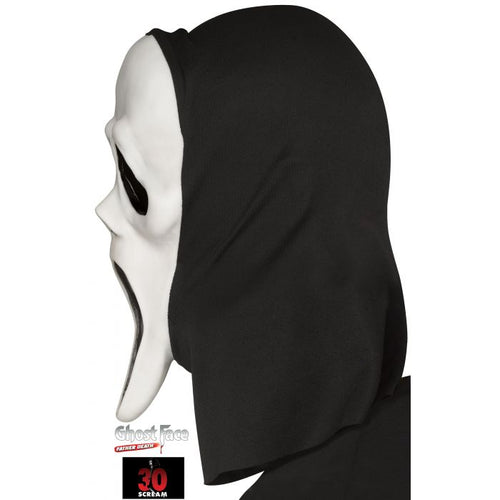 A black hooded Ghost Face mask costume shown in profile on a white background, with a Ghost Face logo and a '30 SCREAM' badge near the bottom.