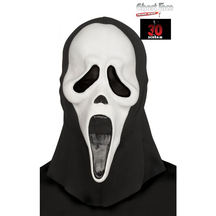 A Ghost Face Halloween mask costume accessory with a white face and black hood, shown on a white background with a Ghost Face People Wear It logo and a 30 scarls badge.