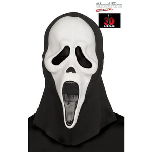 A Ghost Face Halloween mask costume accessory with a white face and black hood, shown on a white background with a Ghost Face People Wear It logo and a 30 scarls badge.