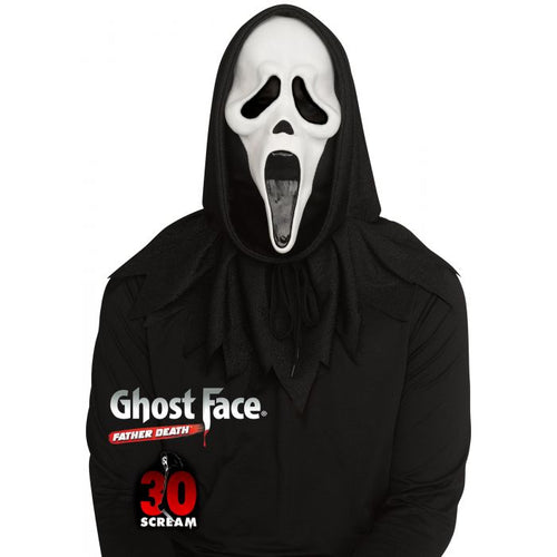 Person wearing a black hoodie with 'Ghost Face' text and a white mask on a white background