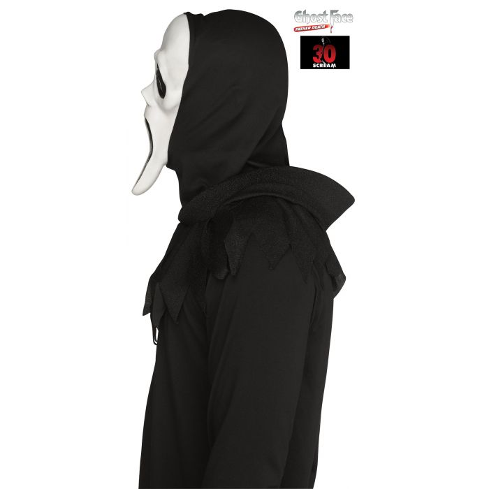 A person wearing a Ghost Face Halloween costume, featuring a black hooded robe with ruffled collar and a white mask with black eye details. The Ghost Face brand logo and size '30 inches' badge are visible in the top right corner against a plain white background.