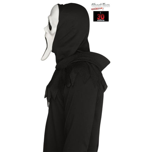 A person wearing a Ghost Face Halloween costume, featuring a black hooded robe with ruffled collar and a white mask with black eye details. The Ghost Face brand logo and size '30 inches' badge are visible in the top right corner against a plain white background.