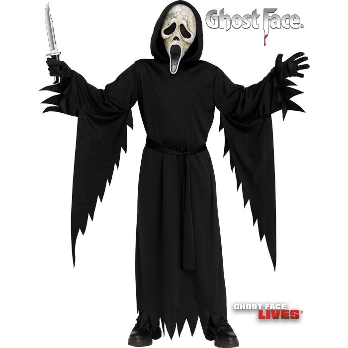 Halloween costume with black robe, mask, and knife on a white background