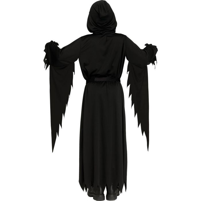 A person wearing a black hooded robe costume with long draped sleeves and jagged, wing-like extensions at the ends, shown from the back against a plain white background.