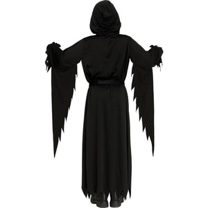 A person wearing a black hooded robe costume with long draped sleeves and jagged, wing-like extensions at the ends, shown from the back against a plain white background.