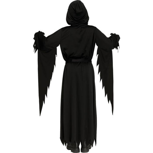 A person wearing a black hooded robe costume with long draped sleeves and jagged, wing-like extensions at the ends, shown from the back against a plain white background.