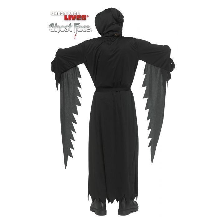 Black ghost costume with long sleeves and a hood on a white background