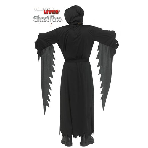 Black ghost costume with long sleeves and a hood on a white background