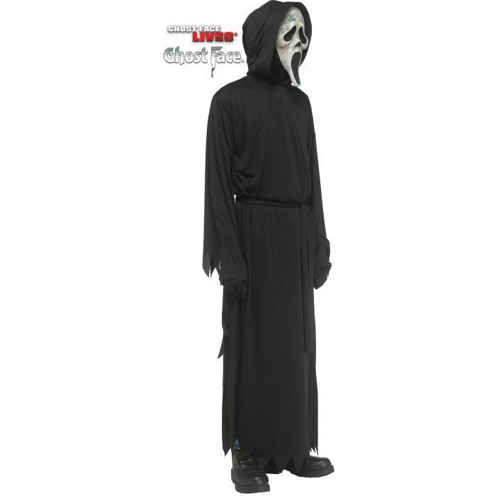 A person wearing a Ghostface-style costume from Ghostface Live!, featuring a long black hooded robe and a white-and-black mask, shown against a plain white background.