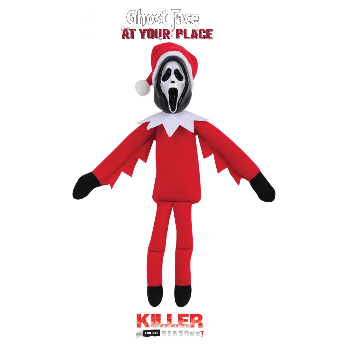 A Ghost Face elf plush doll wearing a red Santa suit, white collar, red hat, and black mask, shown on a white background with 'Ghost Face AT YOUR PLACE' text at the top and 'KILLER collectibles' text at the bottom.