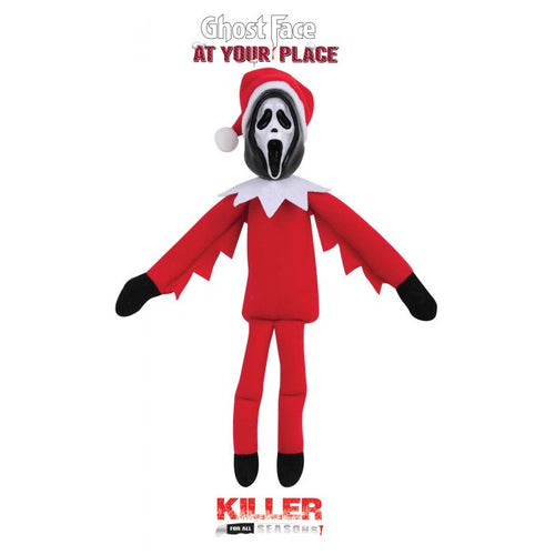 A Ghost Face elf plush doll wearing a red Santa suit, white collar, red hat, and black mask, shown on a white background with 'Ghost Face AT YOUR PLACE' text at the top and 'KILLER collectibles' text at the bottom.
