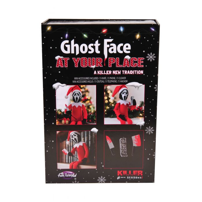A boxed product labeled 'Ghost Face at Your Place' on a plain white background. The package is black with holiday lights, snowflakes, and photos showing a Ghost Face doll in a Santa suit, plus small accessory images.