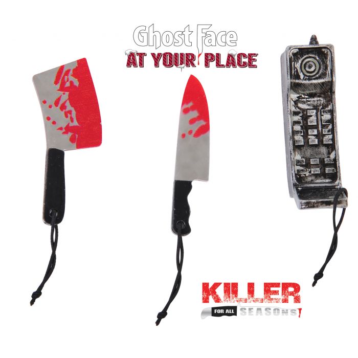 Three Halloween costume prop weapons on a white background: a bloody cleaver, a bloody knife, and a gray cell phone. Text above reads 'Ghost Face AT YOUR PLACE' and below the products reads 'KILLER FOR ALL SEASONS 1'.