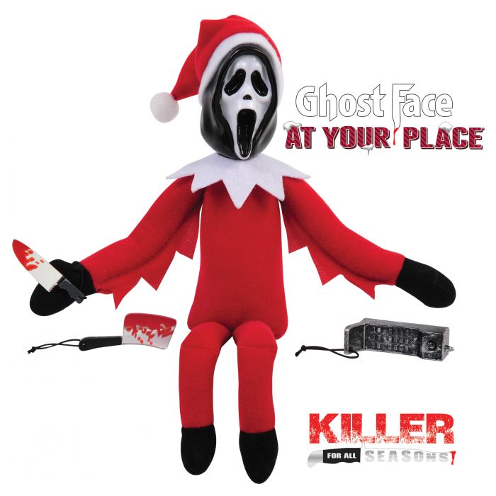 A Ghostface plush doll dressed as an elf in a red suit with a Santa hat, black mask, and black gloves, shown on a white background with accessories including a bloody knife, blood splatter, and a control box. Text on the image reads 'Ghost Face AT YOUR PLACE' and 'KILLER FOR ALL SEASONS 1'.