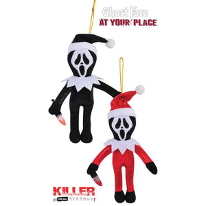 Two Ghost Face plush ornaments from the movie 'Scream' shown on a white background, one in the classic black-and-white version holding a knife and one in the red-and-white Santa-clad version. Text overlays read 'Ghost Face AT YOUR PLACE' and 'KILLER FOR ALL SEASONS'.