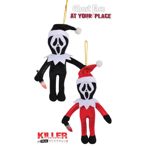 Two Ghost Face plush ornaments from the movie 'Scream' shown on a white background, one in the classic black-and-white version holding a knife and one in the red-and-white Santa-clad version. Text overlays read 'Ghost Face AT YOUR PLACE' and 'KILLER FOR ALL SEASONS'.