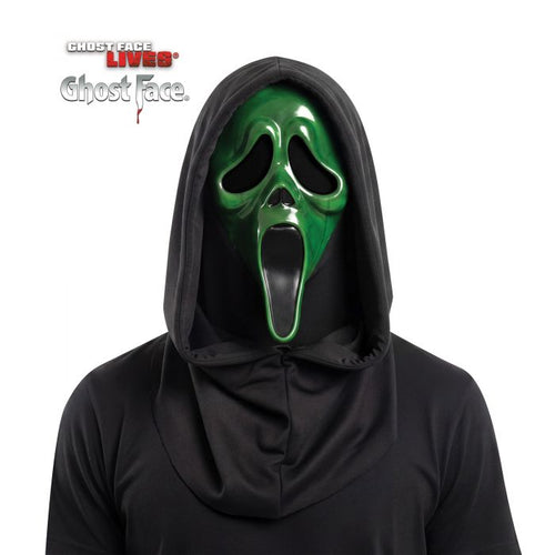 A person wearing a green Ghostface-style mask with a black eye opening and mouth, over a black hooded costume, on a white background. The Cross Road Live Ghost Face logo appears in the upper left.