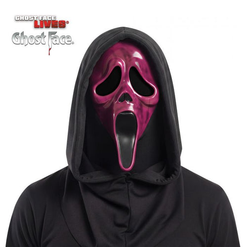A person wearing a Ghostface costume from Ghostface Lives: Ghost Face, featuring a glossy pink and black screaming mask and a black hooded robe against a white background.