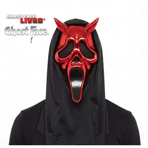 A person wearing a Ghostface-style hooded mask with a glossy red horned face and black eyes, mouth, and flowing black hood against a white background. Ghostface Lives / Ghost Face branding appears in the top left.