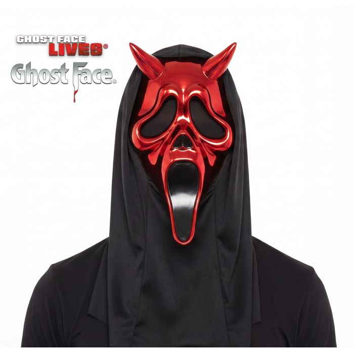 A person wearing a Ghostface-style hooded mask with a glossy red horned face and black eyes, mouth, and flowing black hood against a white background. Ghostface Lives / Ghost Face branding appears in the top left.