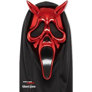A Ghost Face from Ghostface Clues costume mask featuring a glossy red skull design with horns and a long black-tipped tongue, worn over a black hood on a white background.