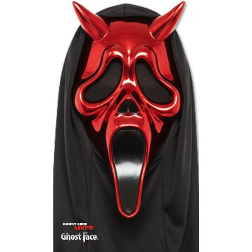 A Ghost Face from Ghostface Clues costume mask featuring a glossy red skull design with horns and a long black-tipped tongue, worn over a black hood on a white background.