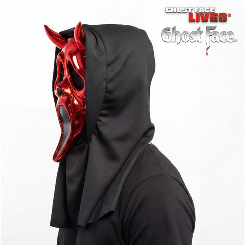A person wearing a Ghost Face hooded mask costume from Ghost Face Lives, featuring a shiny red horned mask and a black hooded robe, shown against a white background with the Ghost Face brand logo in the top right.