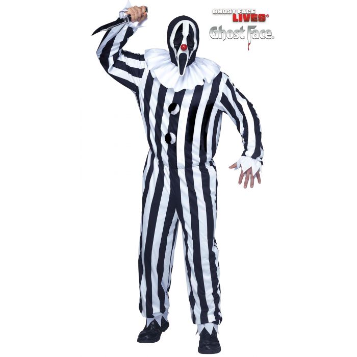 A person modeling a horror clown costume with black and white vertical stripes, a white ruffled collar, a black-and-white face mask with a red nose, and a knife prop, on a plain white background. A 'Cinematronic Live Ghost Face' logo appears in the top right.