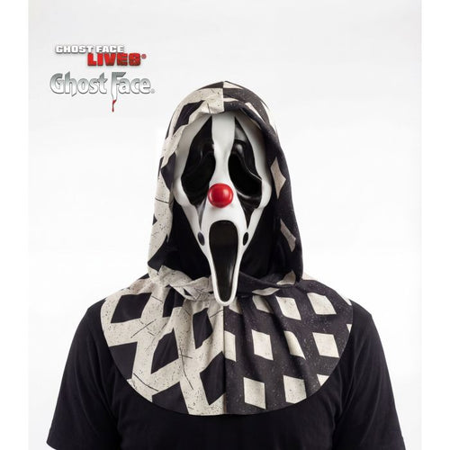 Person wearing a black and white checkered hood with a clown mask on a white background