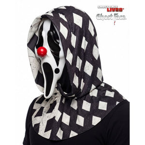 Hooded costume with black and white checkered pattern and red ball, featuring 'Ghostface' branding.