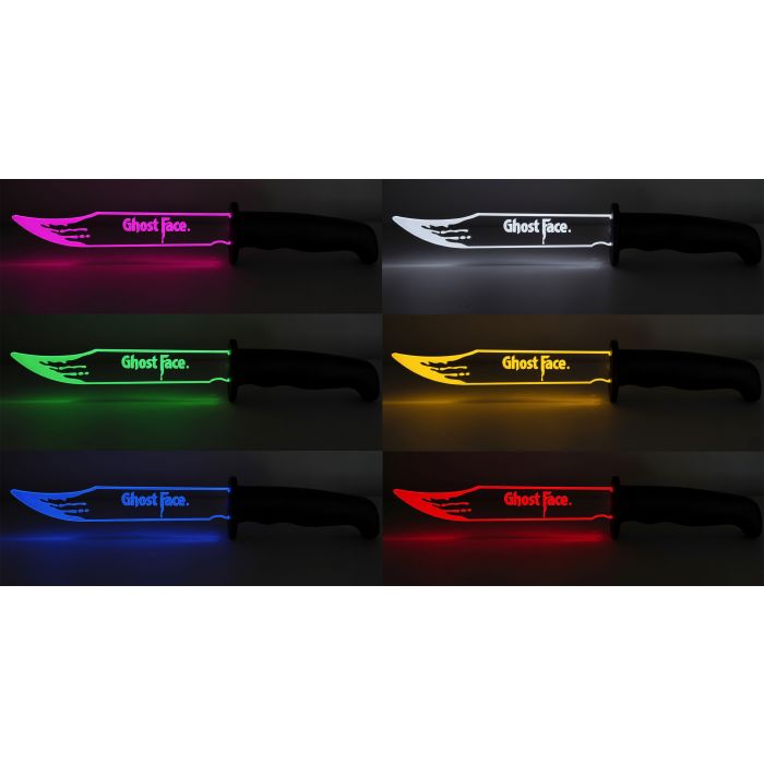 Six views of a decorative knife with a glowing blade effect, showing different color options: pink, white, green, yellow, blue, and red. The knife has a black handle and the blade is illuminated to show the text 'Ghost Face.