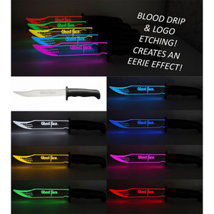 A collage showing a custom knife with the Ghost Face logo, displaying its normal silver blade and black handle, alongside multiple views of the logo etched in glowing colors (red, orange, yellow, green, blue, purple) to demonstrate the eerie light-up effect in the dark.