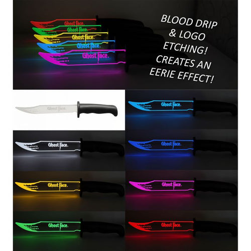 A collage showing a custom knife with the Ghost Face logo, displaying its normal silver blade and black handle, alongside multiple views of the logo etched in glowing colors (red, orange, yellow, green, blue, purple) to demonstrate the eerie light-up effect in the dark.