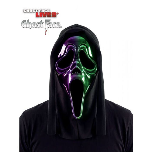 A person wearing a Ghostface-style hooded mask with a glossy purple-to-green gradient and black clothing, shown against a white background with the Ghost Face logo in the top left.