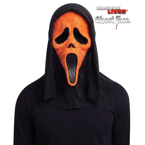A person wearing a Ghostface-style hooded mask with an orange rhinestone-look face and black hood, paired with a black long-sleeve top, on a white background. The Ghostface Lives! Ghost Face logo appears in the top right.
