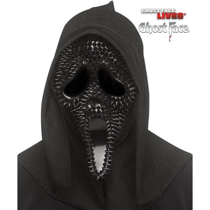 Black hooded mask with spiky design on a white background, featuring 'Ghost Face' branding.