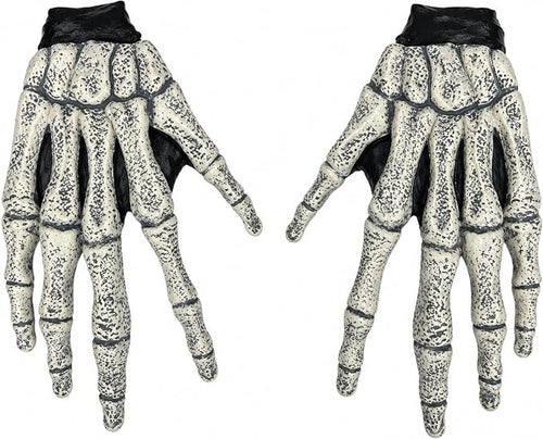 A pair of skeletal hand gloves with detailed bone textures in off-white and black, shown from the back on a plain white background.