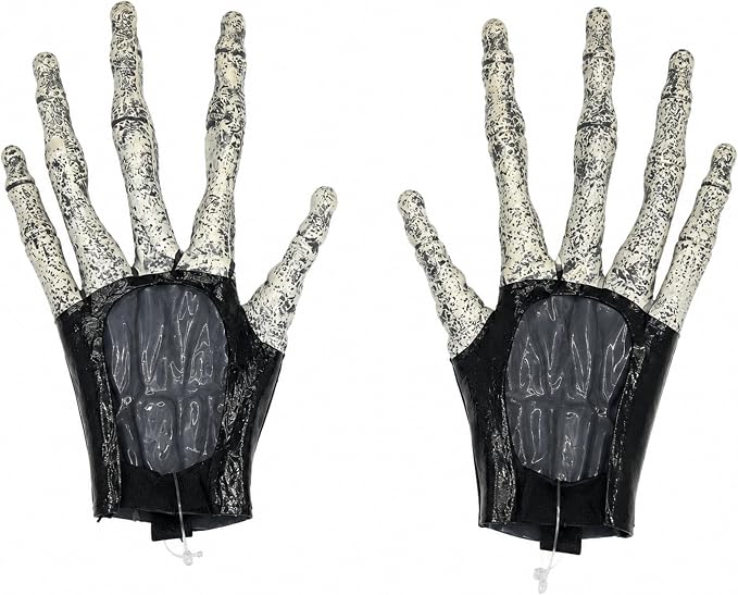 A pair of skeletal hand props with bone-colored fingers and black wrist sections, shown against a plain white background.