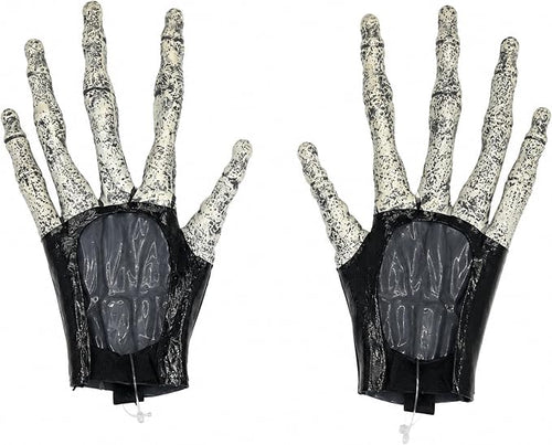 A pair of skeletal hand props with bone-colored fingers and black wrist sections, shown against a plain white background.