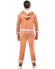 Person wearing an orange onesie with white accents on a white background