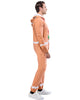 Person wearing an orange onesie with white accents on a white background