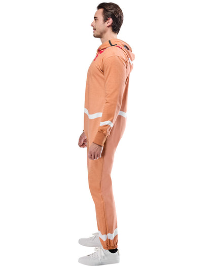 Person wearing an orange jumpsuit with reflective stripes on a white background