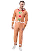 Person wearing a gingerbread man-themed onesie on a white background