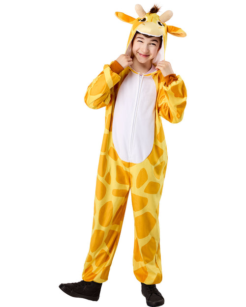 Person wearing a yellow giraffe onesie on a white background