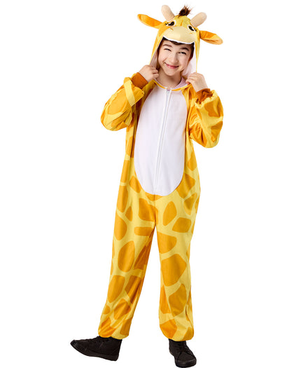 Person wearing a yellow giraffe onesie on a white background