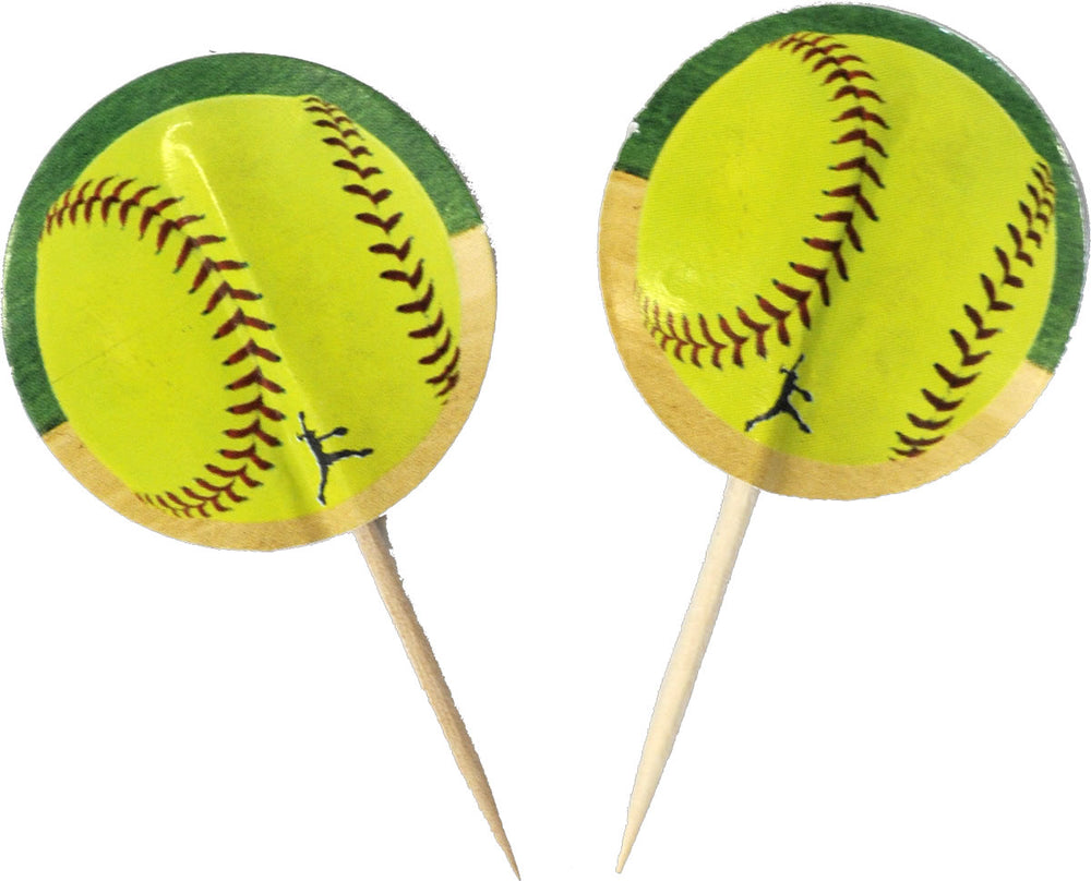 Two softball-shaped cupcake toppers with wooden sticks on a white background