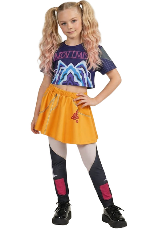 Child wearing a colorful outfit with a purple top and yellow skirt on a white background