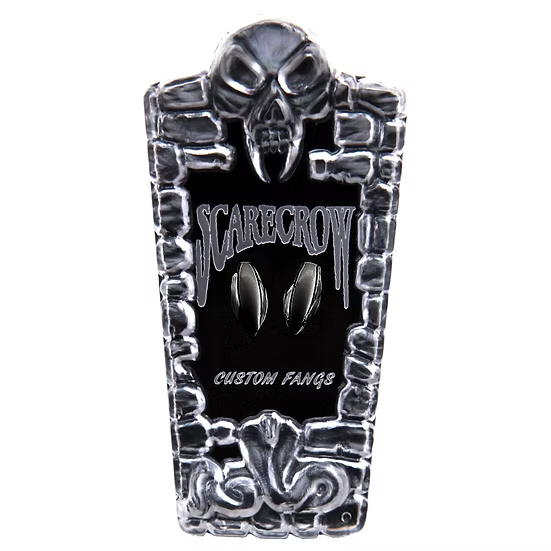 A tombstone-shaped custom fan sign featuring a skull at the top, the words 'SCARECROW' and 'CUSTOM FANGS' on a black center panel, and metallic silver scrollwork around the border.