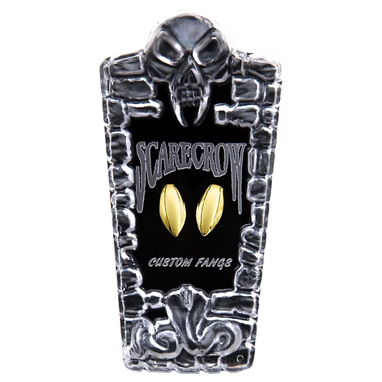 A tombstone-shaped metal display stand for custom Scarecrow themed fans, featuring a skull at the top, the word 'SCARECROW' in a stylized font, and two gold fan-shaped inserts in the center, on a plain white background.